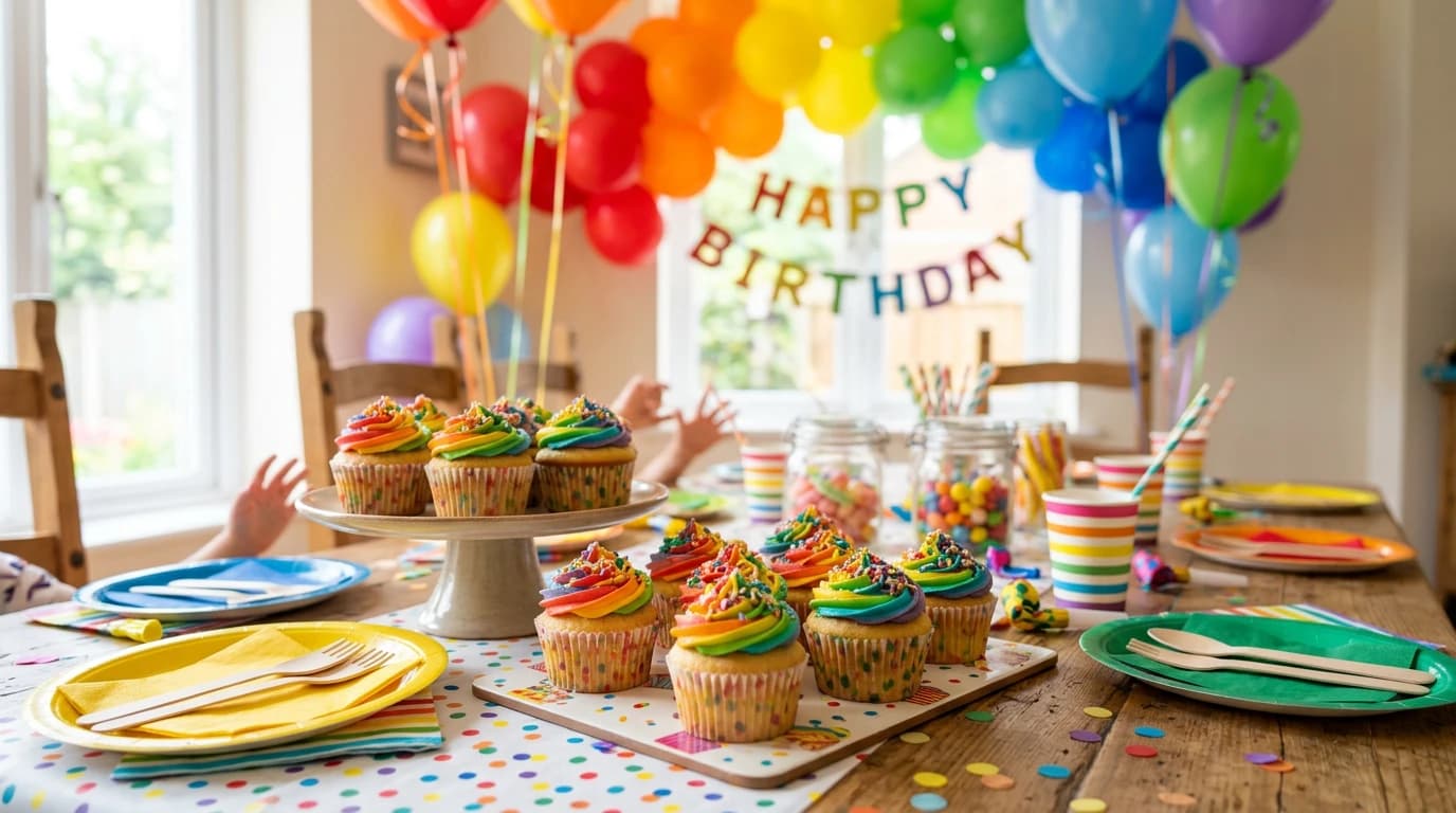 Colourful birthday cupcakes on a table for a kids party