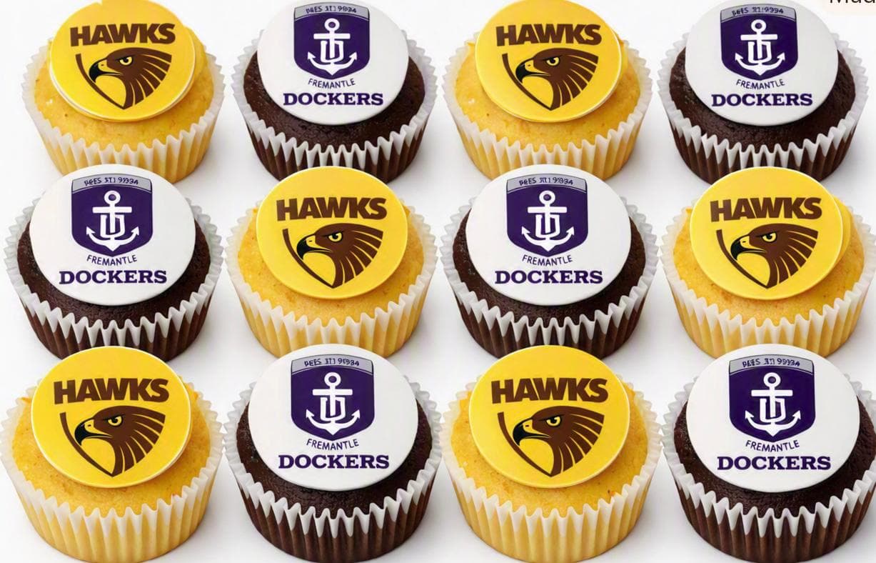 Box of 12 AFL cupcakes with two team logos