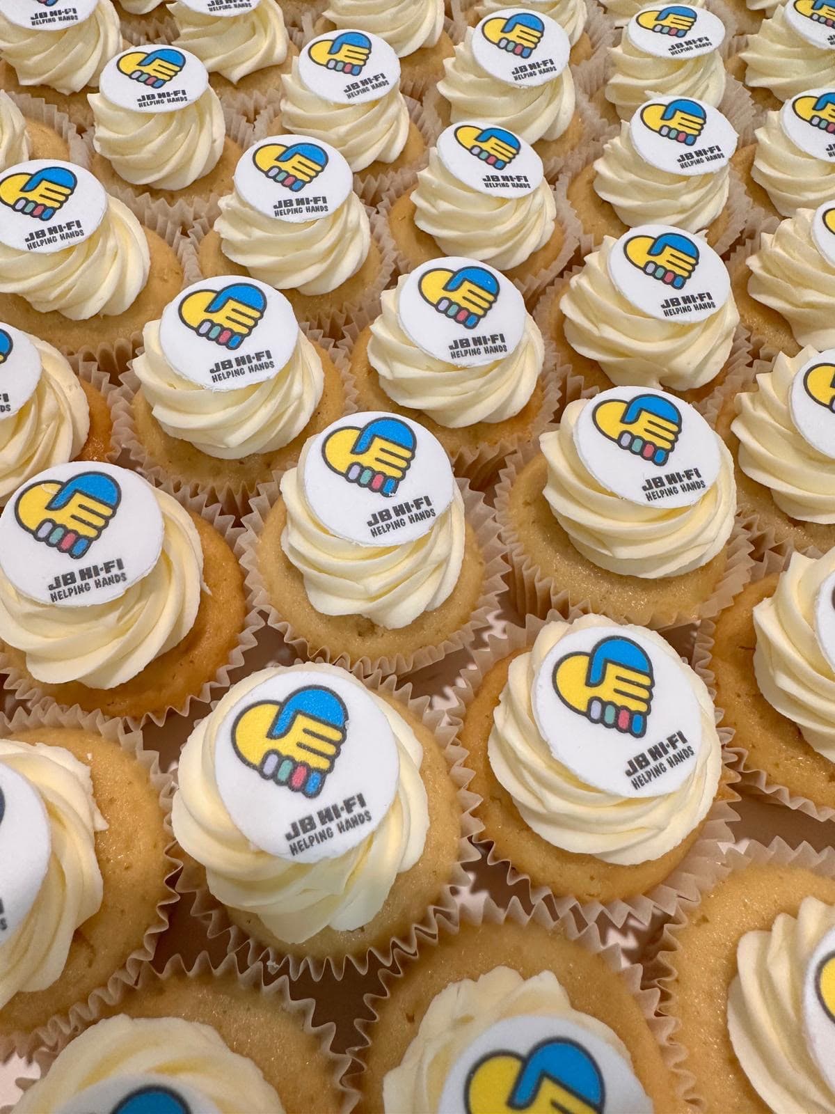Branded mini corporate cupcakes with edible logos