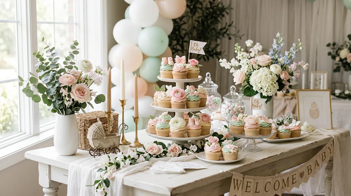 Pastel baby shower cupcakes on a dessert table Pastel baby shower cupcakes on a dessert table