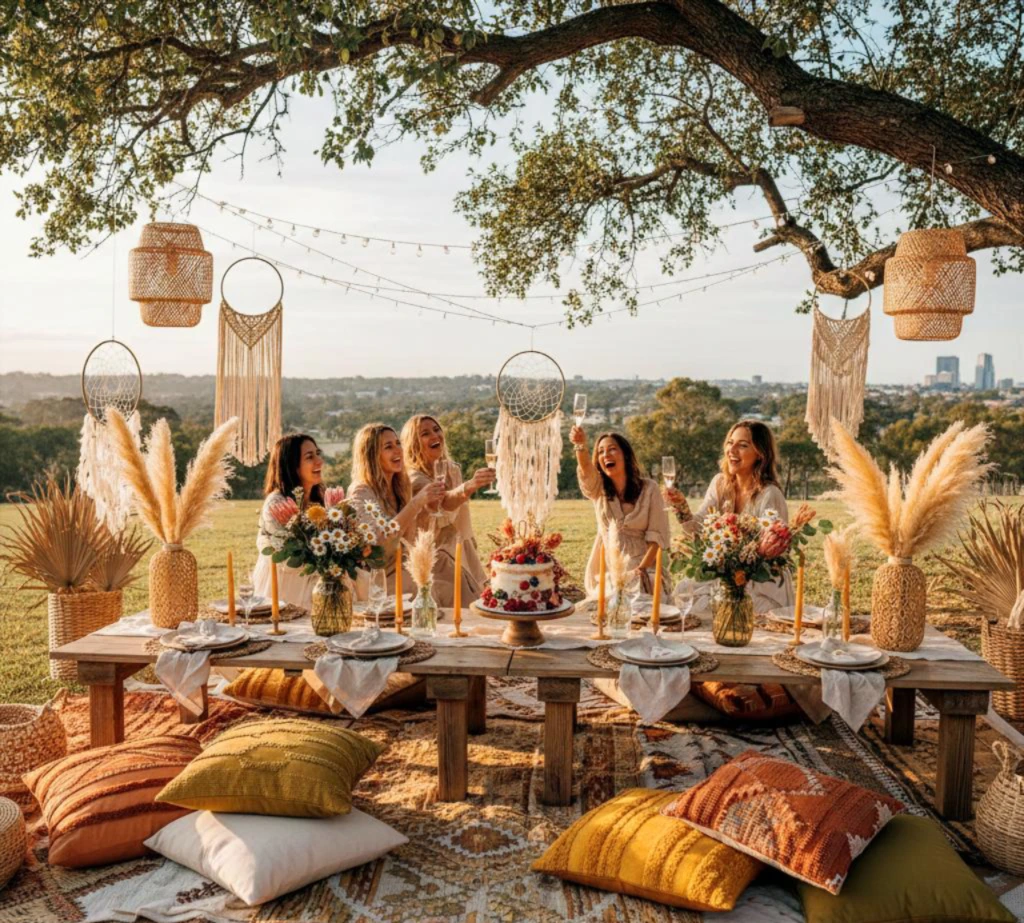 Boho-style outdoor picnic celebration with a low wooden table, decorative dreamcatchers, pampas grass arrangements, pillows, and guests enjoying cake and drinks. 