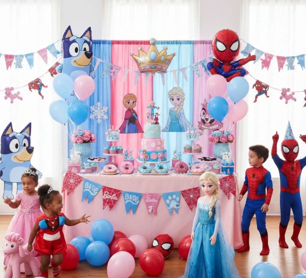 A vibrant children’s birthday party scene with themed decorations including princess and superhero characters, balloons, a multi-tier cake, donut displays, colorful banners, and young children dressed in playful costumes celebrating in a bright indoor setting.