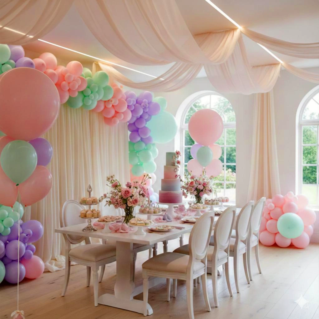 Pastel-themed indoor birthday party setup featuring draped fabric ceilings, colorful balloon garlands, a decorated dessert table, and floral centerpieces.