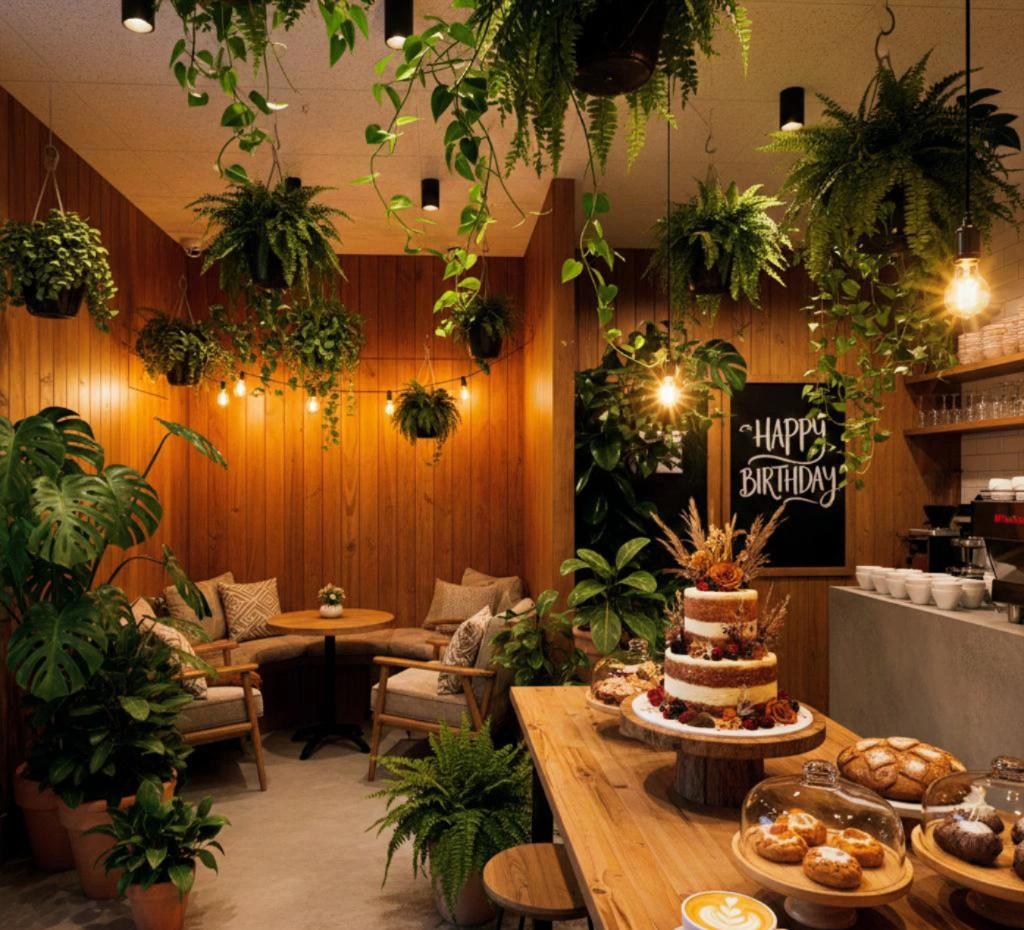 Indoor birthday celebration decorated with lush hanging plants, warm wood paneling, a rustic dessert table, and a tiered cake surrounded by greenery.