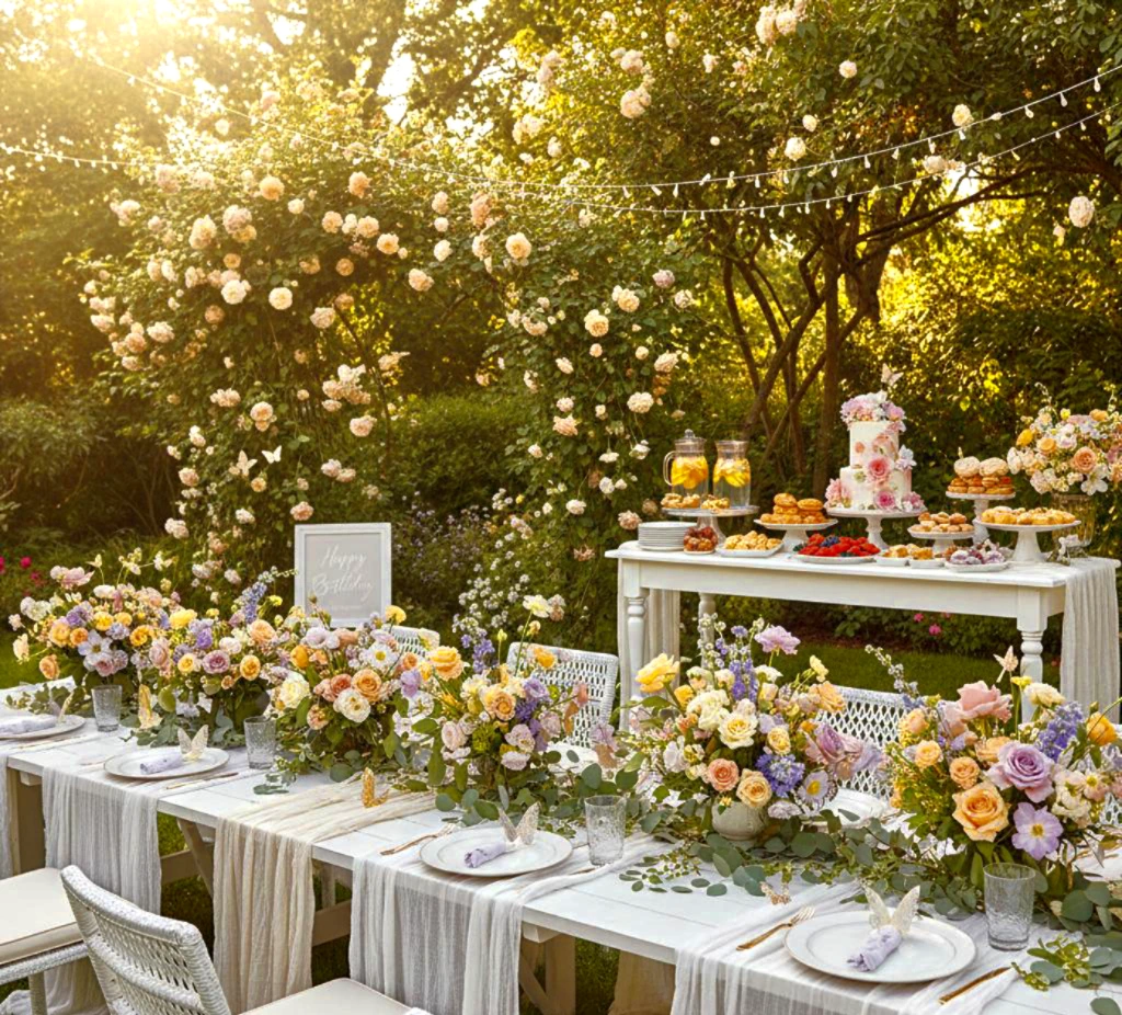 A beautifully decorated outdoor garden birthday party setup featuring long banquet tables with pastel floral centerpieces, soft fabric table runners, string lights above, blooming rose archways, and a dessert table with cakes and pastries in a lush, sunlit garden.